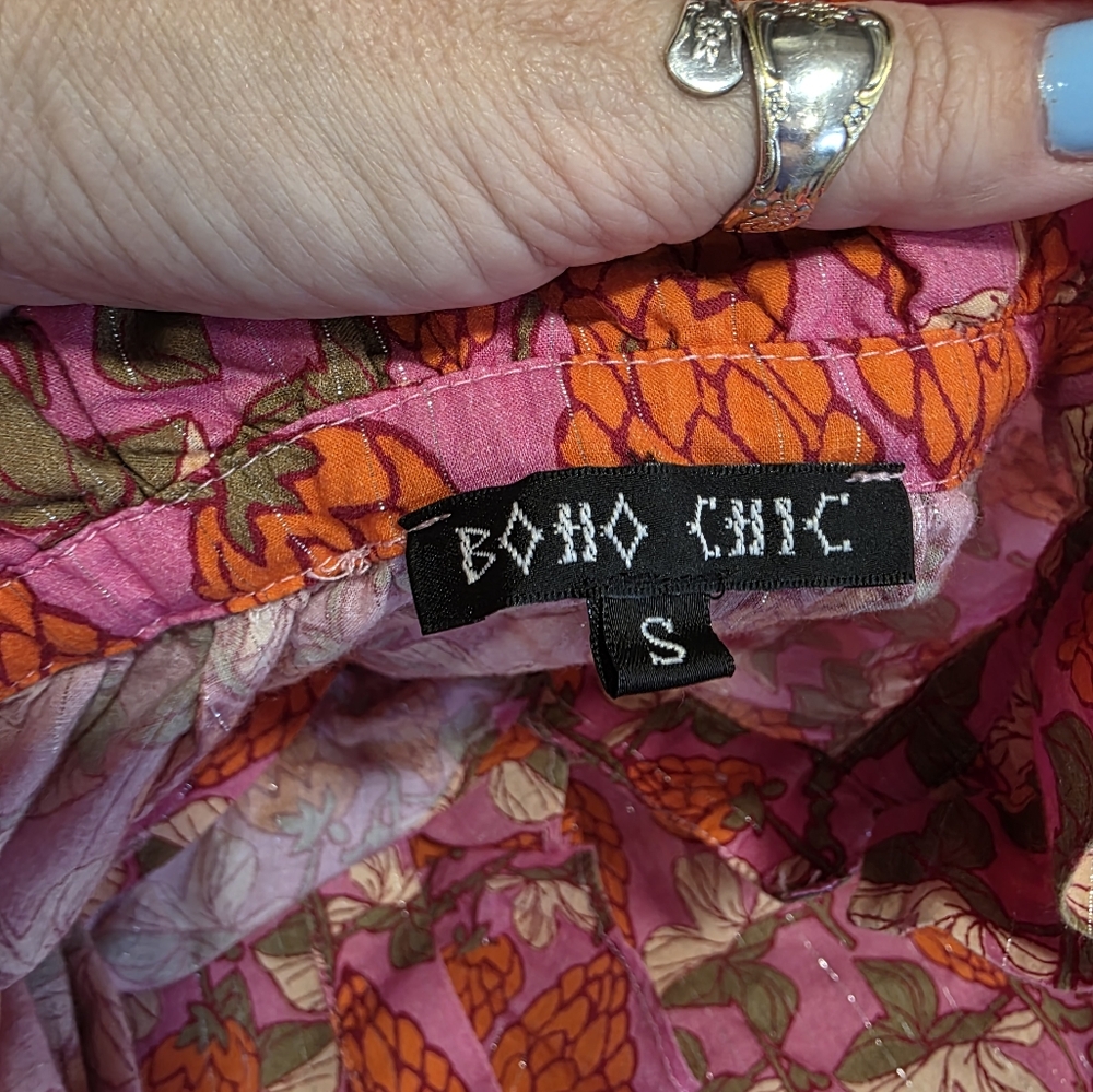 Boho Chic Small Floral Pink Ruffle Dress Buttin Down Hippie Retro Girlie - Picture 13 of 15